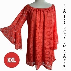 Paisley Grace coral orange-red lace tunic mini dress size XXL